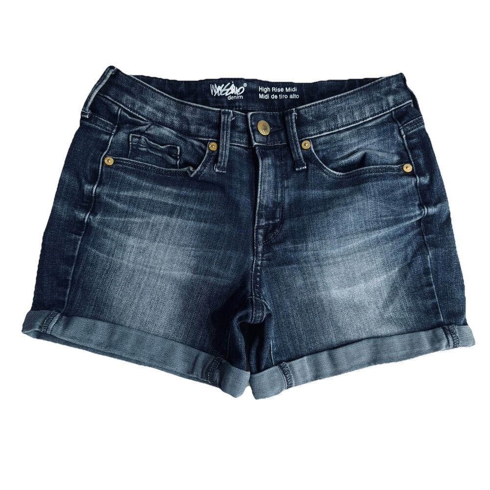 Mossimo High Rise Midi Shorts Womens 0 Blue Super Stretch Cuffed Measures W25